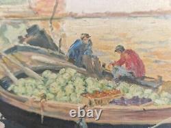 Huile sur panneau paysage marin Venise Bateaux de pastèque tableau ancien signé