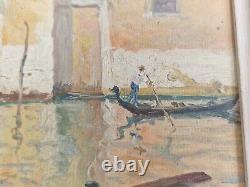 Huile sur panneau paysage marin Venise Bateaux de pastèque tableau ancien signé