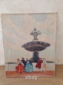 Huile sur toile 8F scène de genre fontaine tableau ancien signé peinture