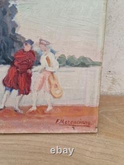 Huile sur toile 8F scène de genre fontaine tableau ancien signé peinture