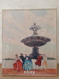 Huile sur toile 8F scène de genre fontaine tableau ancien signé peinture