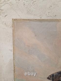 Huile sur toile 8F scène de genre fontaine tableau ancien signé peinture