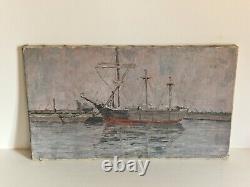 Huile sur toile bateaux paysage marin signé HST tableau ancien port animé
