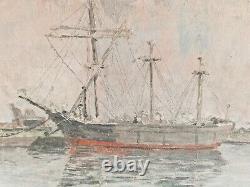 Huile sur toile bateaux paysage marin signé HST tableau ancien port animé