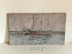 Huile sur toile bateaux paysage marin signé HST tableau ancien port animé