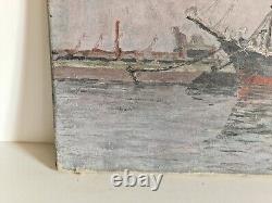 Huile sur toile bateaux paysage marin signé HST tableau ancien port animé