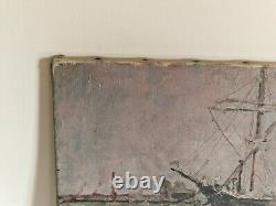 Huile sur toile bateaux paysage marin signé HST tableau ancien port animé