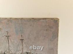 Huile sur toile bateaux paysage marin signé HST tableau ancien port animé