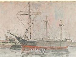 Huile sur toile bateaux paysage marin signé HST tableau ancien port animé