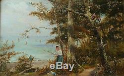 Huile sur toile, Île de Wigth, Théodore HINES (act 1876-1889) Tableau ancien