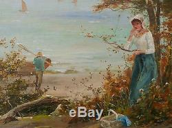 Huile sur toile, Île de Wigth, Théodore HINES (act 1876-1889) Tableau ancien