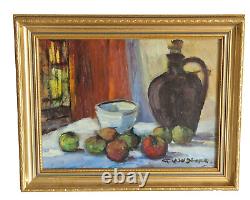 Huile sur toile nature morte aux pommes bouteille signé encadré tableau ancien