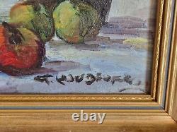 Huile sur toile nature morte aux pommes bouteille signé encadré tableau ancien
