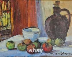 Huile sur toile nature morte aux pommes bouteille signé encadré tableau ancien