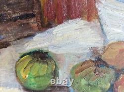 Huile sur toile nature morte aux pommes bouteille signé encadré tableau ancien