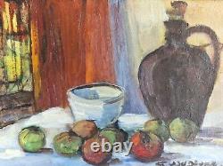 Huile sur toile nature morte aux pommes bouteille signé encadré tableau ancien