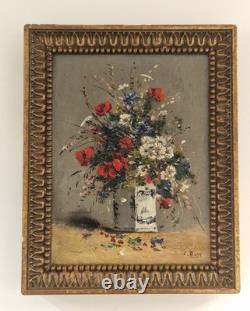 Huile sur toile nature morte bouquet de fleurs Tableau ancien XIX Signé HST