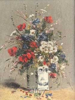 Huile sur toile nature morte bouquet de fleurs Tableau ancien XIX Signé HST