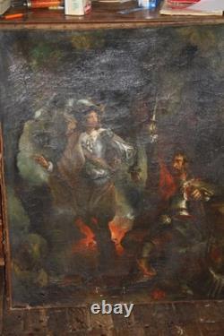 Huile sur toile tableau ancien peinture XVIII école Française signé mousquetaire