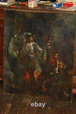 Huile sur toile tableau ancien peinture XVIII école Française signé mousquetaire