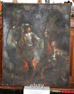 Huile sur toile tableau ancien peinture XVIII école Française signé mousquetaire