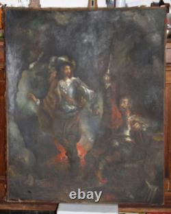 Huile sur toile tableau ancien peinture XVIII école Française signé mousquetaire