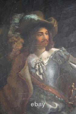 Huile sur toile tableau ancien peinture XVIII école Française signé mousquetaire