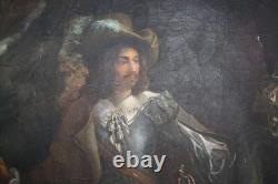 Huile sur toile tableau ancien peinture XVIII école Française signé mousquetaire