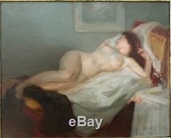 Huile /toile ancienne tableau femme nue allongée