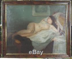 Huile /toile ancienne tableau femme nue allongée
