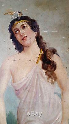 Immense tableau ancien 19è portrait de femme paysage signé Gaston de LAPERRIERE