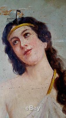Immense tableau ancien 19è portrait de femme paysage signé Gaston de LAPERRIERE