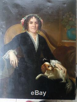Important Tableau ancien/ Huile/toile-Portrait Femme et son chien -XIXe-OIL