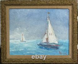 Impressionnisme, Tableau ancien, HSP, La régate, Voiliers, Signé à identifier