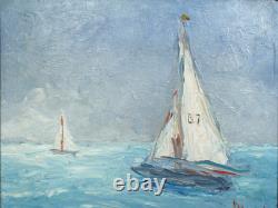 Impressionnisme, Tableau ancien, HSP, La régate, Voiliers, Signé à identifier
