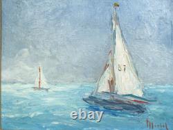 Impressionnisme, Tableau ancien, HSP, La régate, Voiliers, Signé à identifier