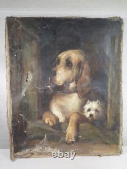 JULES CHARDINY ANCIEN TABLEAU HUILE SUR TOILE PORTRAIT DE CHIENS SIGNE XIX ème
