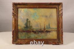 Jean Etienne Karnec Ancien Joli Tableau Vue Du Port De Rouen Bateaux Marine