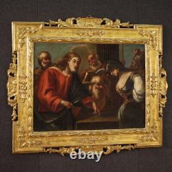 Jésus et la femme adultère tableau religieux ancien peinture huile sur toile