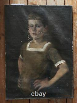 Jeune garçon Grand tableau ancien, huile sur toile à restaurer