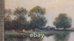 Joli Tableau Ancien Huile Sur Papier Paysage Lac Signature à identifier 27 x19cm