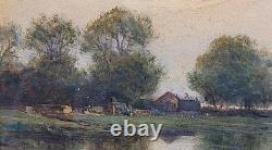 Joli Tableau Ancien Huile Sur Papier Paysage Lac Signature à identifier 27 x19cm