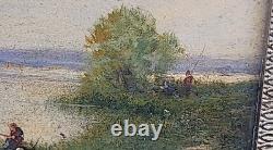 Joli Tableau Ancien Huile Sur Papier Paysage Lac Signature à identifier 27 x19cm