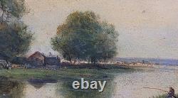 Joli Tableau Ancien Huile Sur Papier Paysage Lac Signature à identifier 27 x19cm