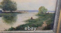 Joli Tableau Ancien Huile Sur Papier Paysage Lac Signature à identifier 27 x19cm