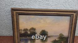 Joli Tableau Ancien Huile Sur Papier Paysage Lac Signature à identifier 27 x19cm