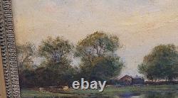 Joli Tableau Ancien Huile Sur Papier Paysage Lac Signature à identifier 27 x19cm