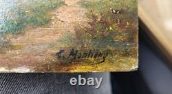 Joli Tableau Ancien Huile Sur Papier Paysage Lac Signature à identifier 27 x19cm