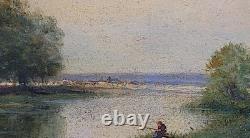 Joli Tableau Ancien Huile Sur Papier Paysage Lac Signature à identifier 27 x19cm