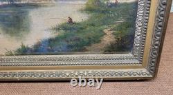 Joli Tableau Ancien Huile Sur Papier Paysage Lac Signature à identifier 27 x19cm